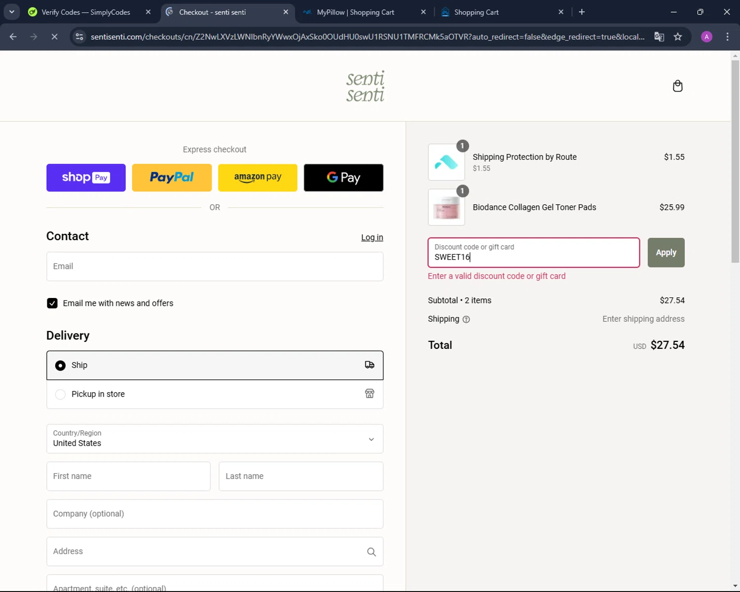 Senti senti discount code screenshot showing code SWEET16 applied at Senti senti checkout page. Uploaded by SimplyCodes community member AndreinaA on Jan 21, 2025