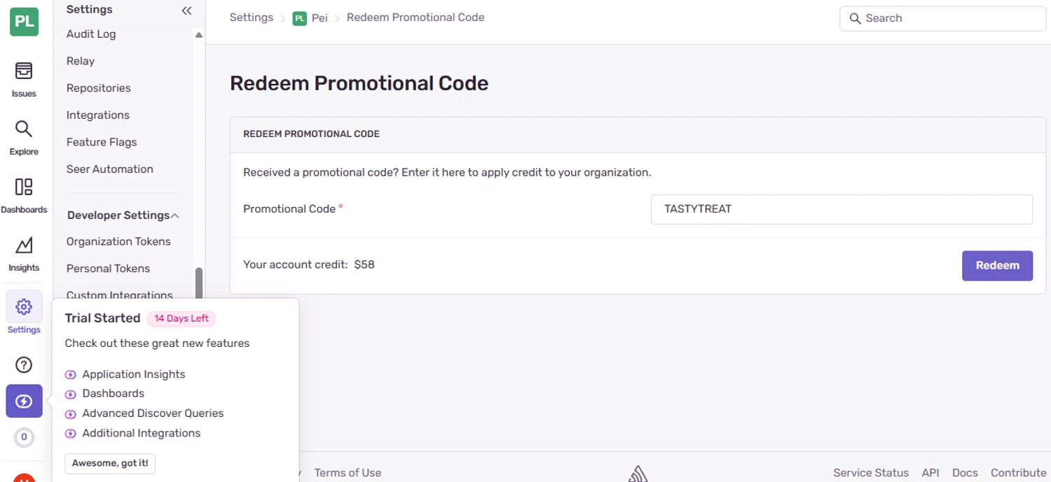 Sentry promo code screenshot showing code TASTYTREAT applied at Sentry checkout page. Uploaded by SimplyCodes community member GloriousCollector9521 on Jul 28, 2025