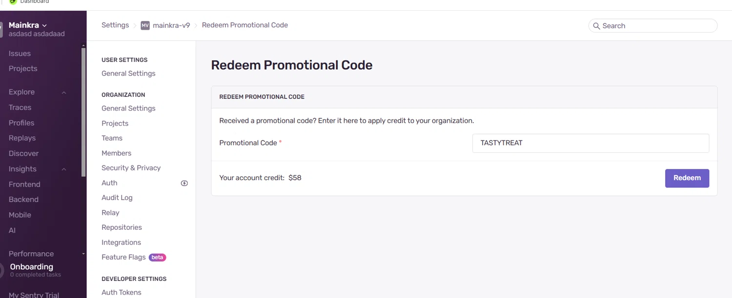 Sentry checkout page showing Sentry promo code box | Screenshot taken by SimplyCodes community member on Mar 5, 2025