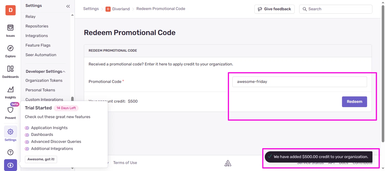 Sentry promo code screenshot showing code awesome-friday applied at Sentry checkout page. Uploaded by SimplyCodes community member mrdarcy on Nov 13, 2025