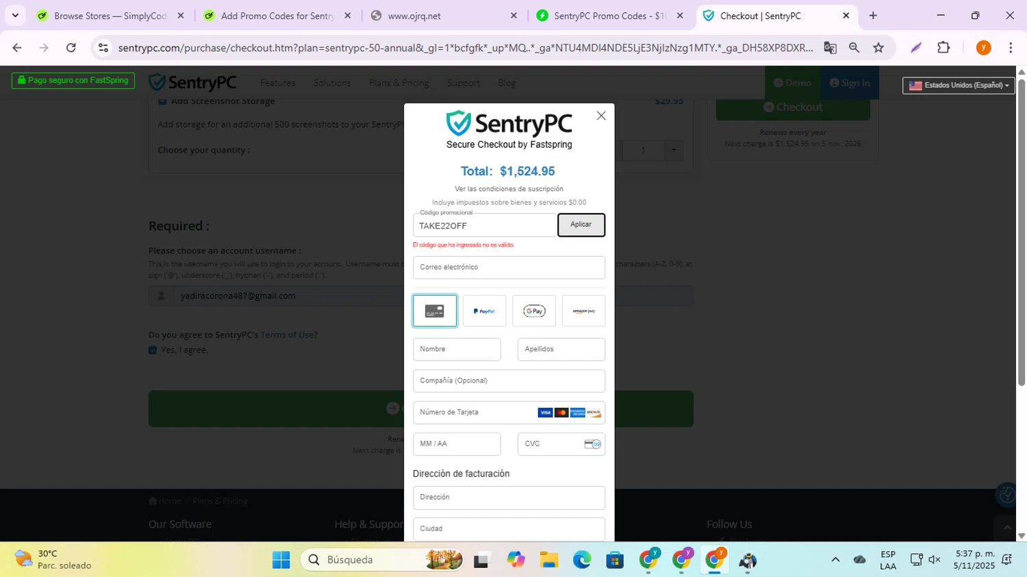 SentryPC coupon code screenshot showing code TAKE22OFF applied at SentryPC checkout page. Uploaded by SimplyCodes community member ycg487 on Nov 5, 2025