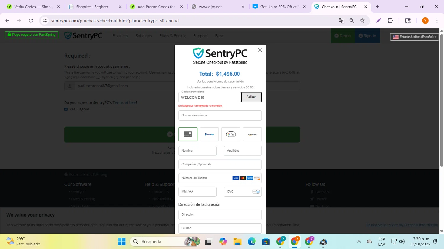 SentryPC coupon code screenshot showing code WELCOME10 applied at SentryPC checkout page. Uploaded by SimplyCodes community member ycg487 on Oct 13, 2025