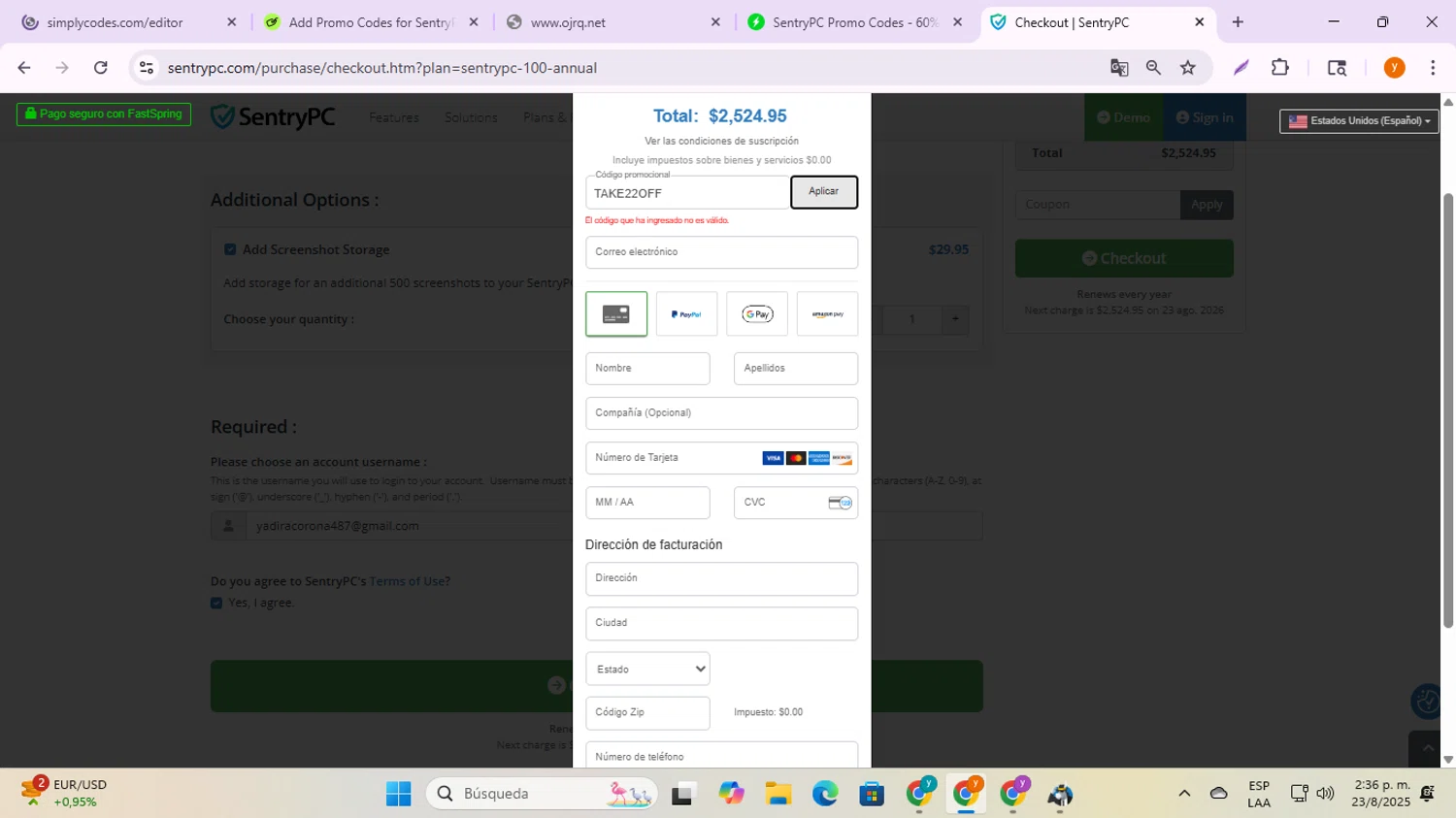 SentryPC coupon code screenshot showing code TAKE22OFF applied at SentryPC checkout page. Uploaded by SimplyCodes community member ycg487 on Aug 23, 2025