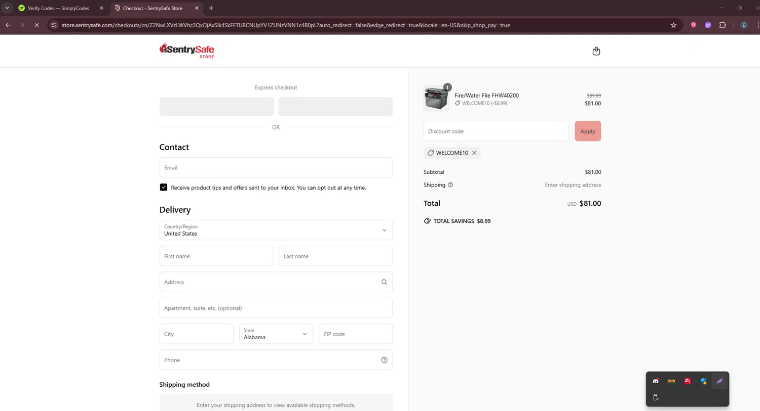 SentrySafe promo code screenshot showing code WELCOME10 applied at SentrySafe checkout page. Uploaded by SimplyCodes community member GloriousPioneer2942 on Jun 21, 2025
