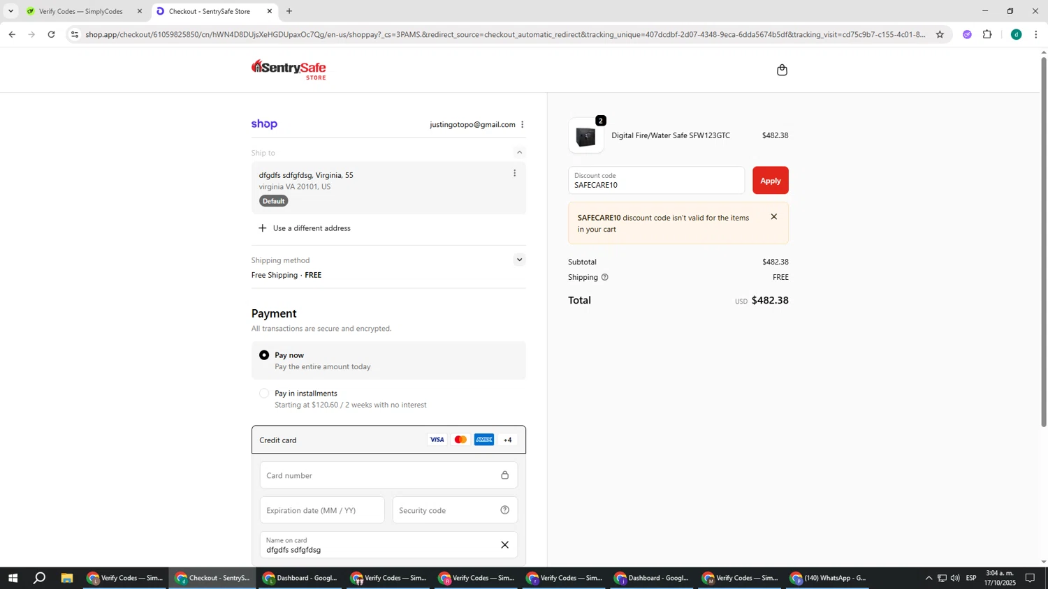 SentrySafe promo code screenshot showing code SAFECARE10 applied at SentrySafe checkout page. Uploaded by SimplyCodes community member HEROESCUDA on Oct 17, 2025