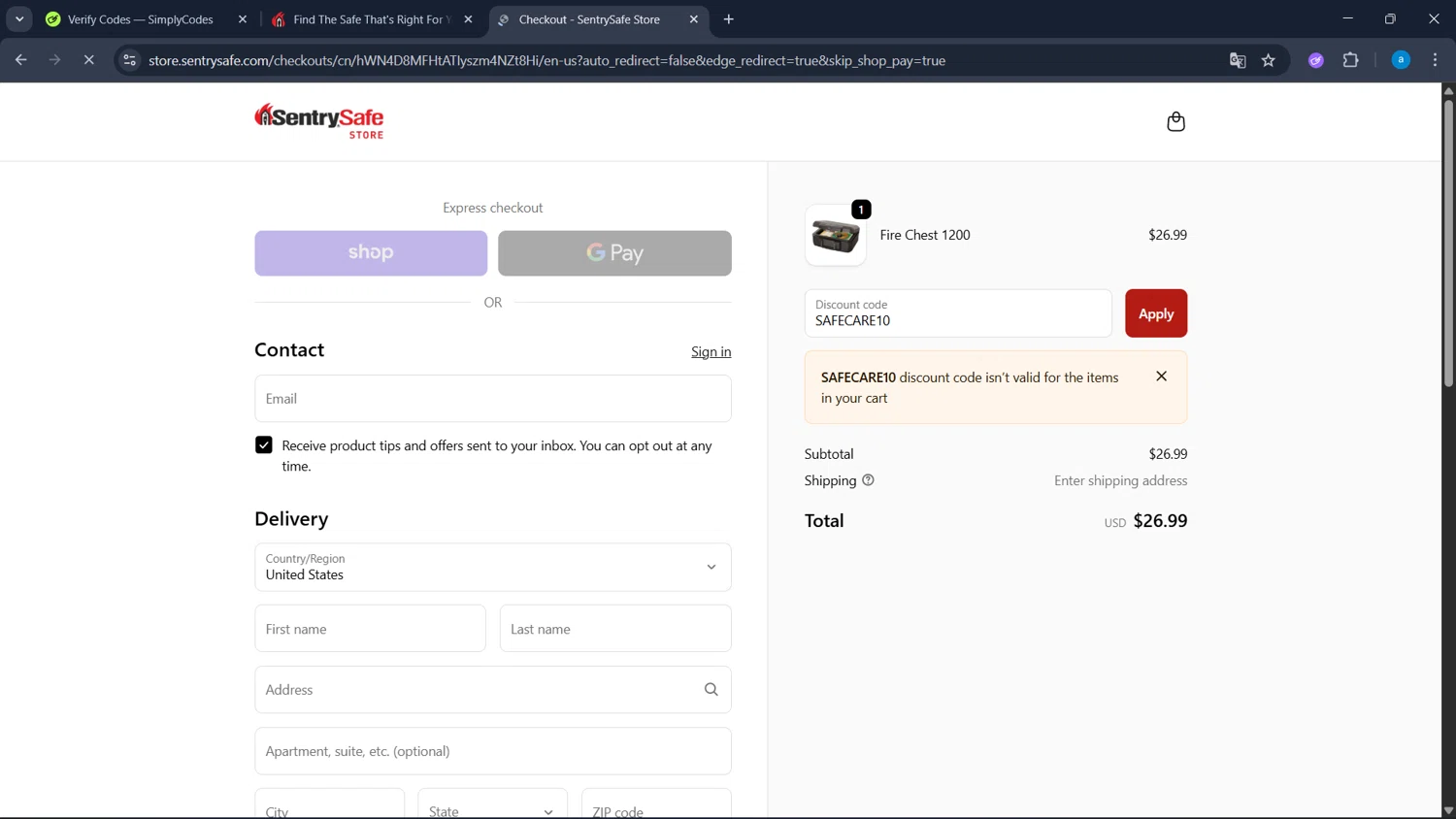 SentrySafe promo code screenshot showing code SAFECARE10 applied at SentrySafe checkout page. Uploaded by SimplyCodes community member WiseHawk9255 on Oct 17, 2025