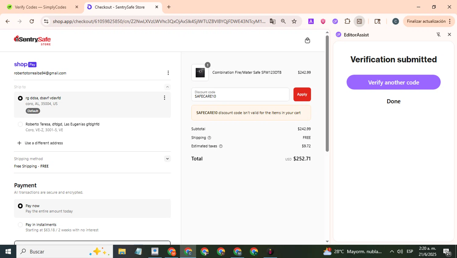 SentrySafe promo code screenshot showing code SAFECARE10 applied at SentrySafe checkout page. Uploaded by SimplyCodes community member benjamnlev on Jun 21, 2025