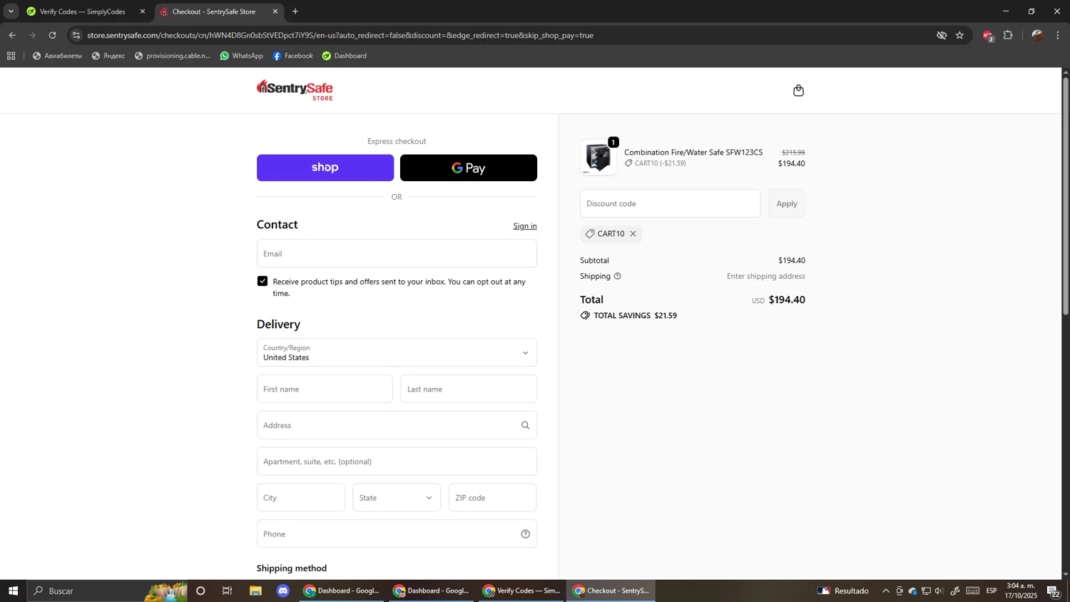 SentrySafe promo code screenshot showing code CART10 applied at SentrySafe checkout page. Uploaded by SimplyCodes community member ScanShopper554 on Oct 17, 2025