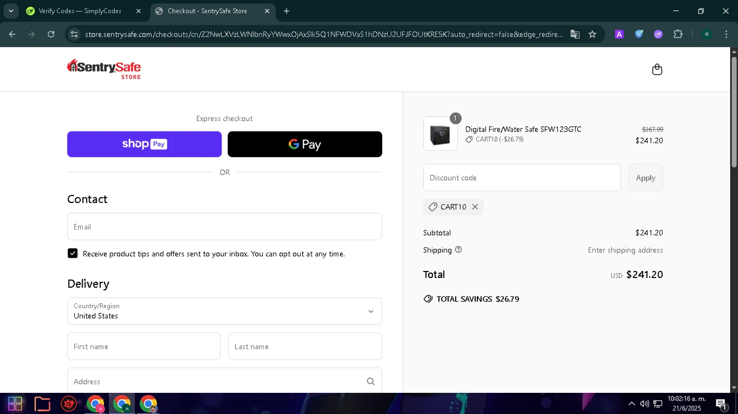 SentrySafe promo code screenshot showing code CART10 applied at SentrySafe checkout page. Uploaded by SimplyCodes community member VoucherWizard5329 on Jun 21, 2025