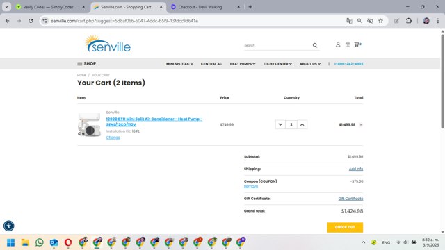 Senville checkout page showing Senville coupon code box | Screenshot taken by SimplyCodes community member on Sep 3, 2025