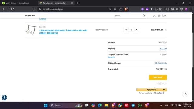 Senville checkout page showing Senville coupon code box | Screenshot taken by SimplyCodes community member on Sep 3, 2025