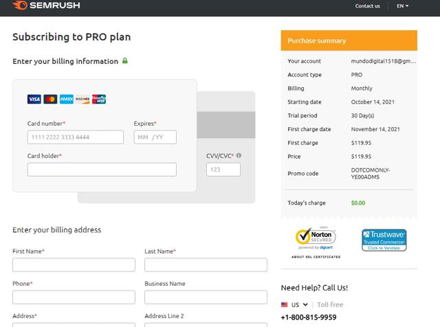 SEMrush checkout page showing SEMrush promo code box | Screenshot taken by SimplyCodes community member on Oct 14, 2021