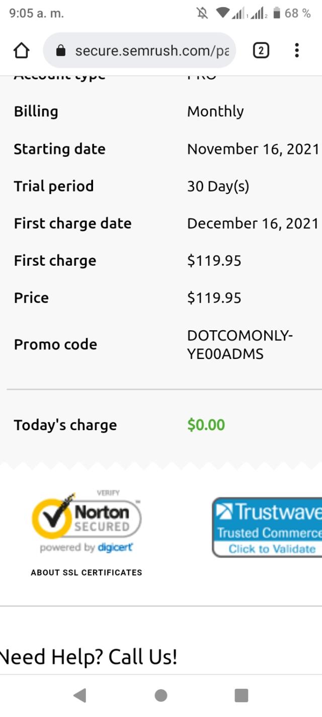 SEMrush checkout page showing SEMrush promo code box | Screenshot taken by SimplyCodes community member on Nov 16, 2021