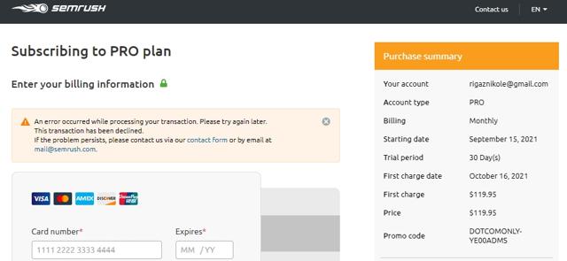 SEMrush checkout page showing SEMrush promo code box | Screenshot taken by SimplyCodes community member on Sep 15, 2021