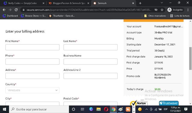 SEMrush checkout page showing SEMrush promo code box | Screenshot taken by SimplyCodes community member on Dec 17, 2021