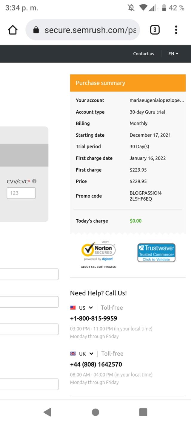 SEMrush checkout page showing SEMrush promo code box | Screenshot taken by SimplyCodes community member on Dec 17, 2021