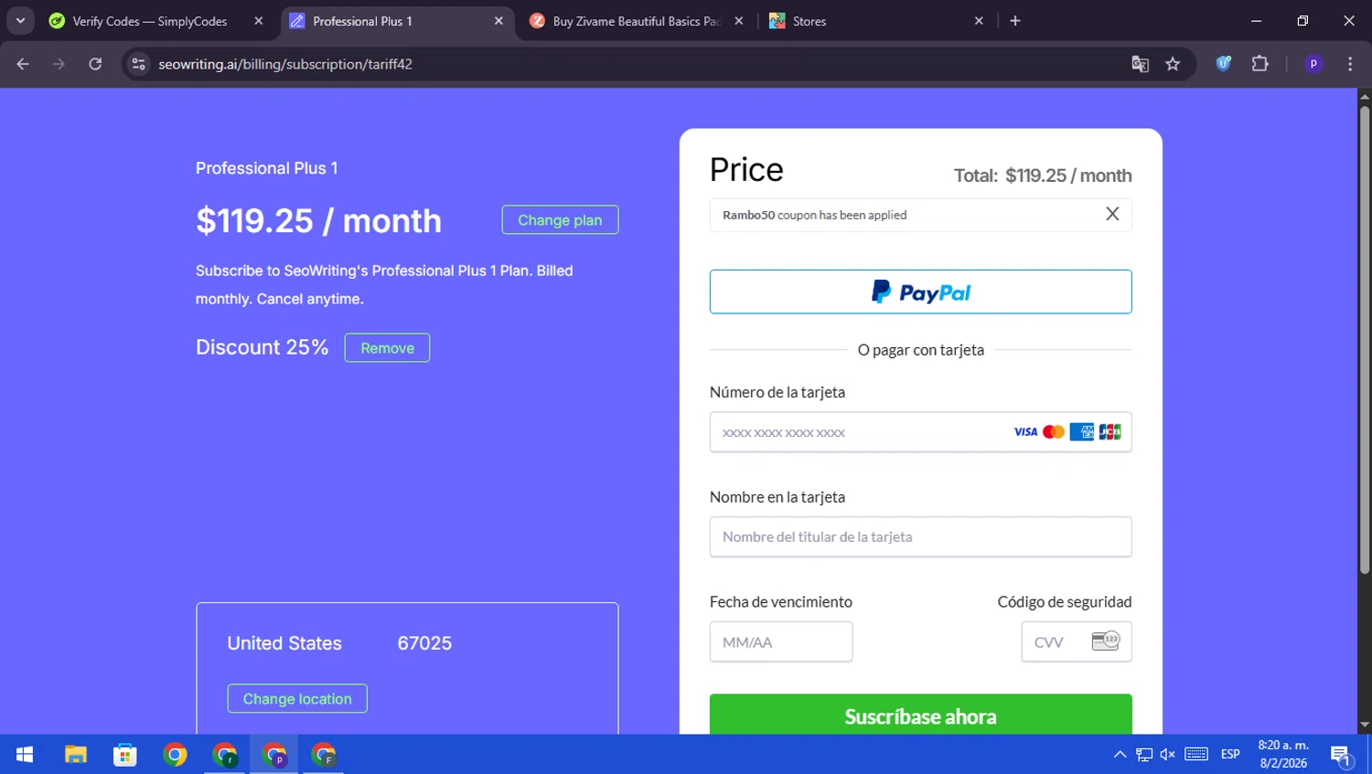 SEOWRITING AI checkout page showing SEOWRITING AI discount code box | Screenshot taken by SimplyCodes community member on Feb 8, 2026