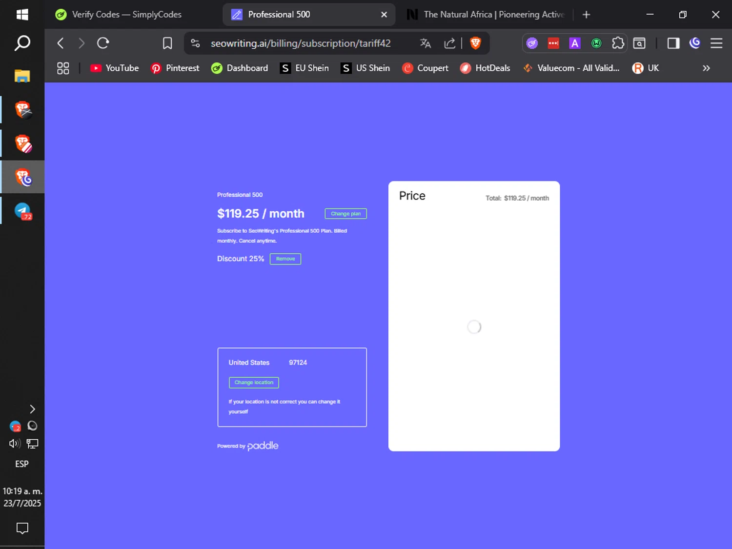 SEOWRITING AI discount code screenshot showing code Rambo50 applied at SEOWRITING AI checkout page. Uploaded by SimplyCodes community member QuantumRider5931 on Jul 23, 2025