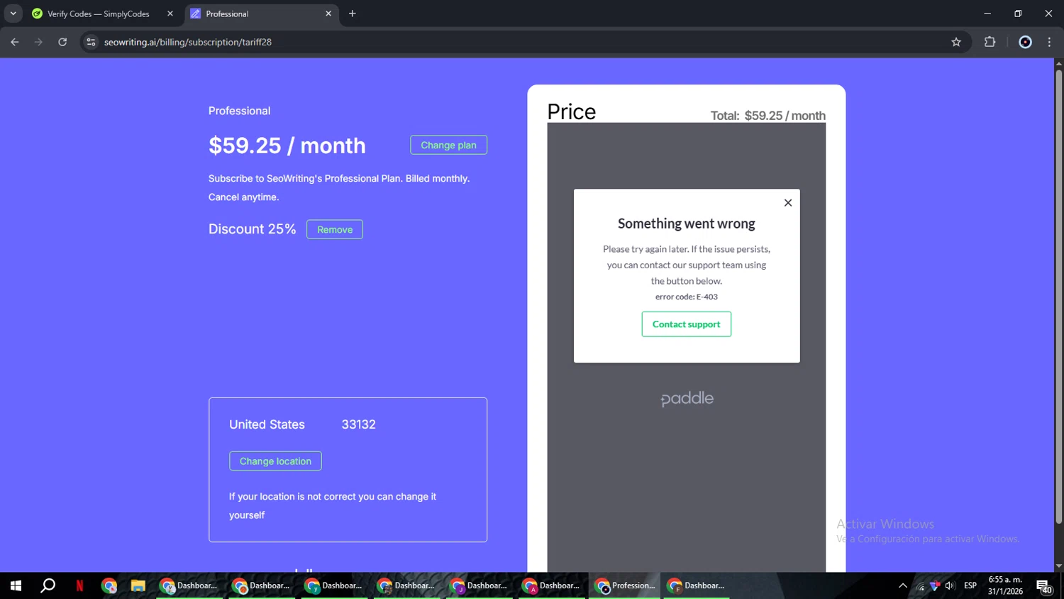 SEOWRITING AI checkout page showing SEOWRITING AI discount code box | Screenshot taken by SimplyCodes community member on Jan 31, 2026