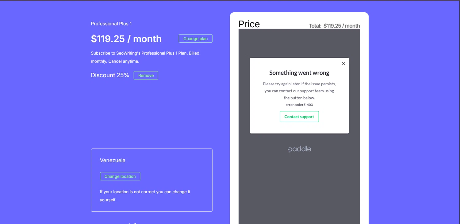 SEOWRITING AI discount code screenshot showing code GABRIELLE25 applied at SEOWRITING AI checkout page. Uploaded by SimplyCodes community member BrillianteMaestro892 on Dec 2, 2025