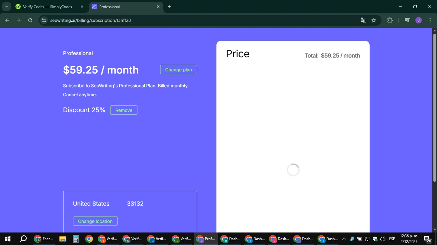 SEOWRITING AI discount code screenshot showing code GABRIELLE25 applied at SEOWRITING AI checkout page. Uploaded by SimplyCodes community member sniderjack453 on Dec 2, 2025