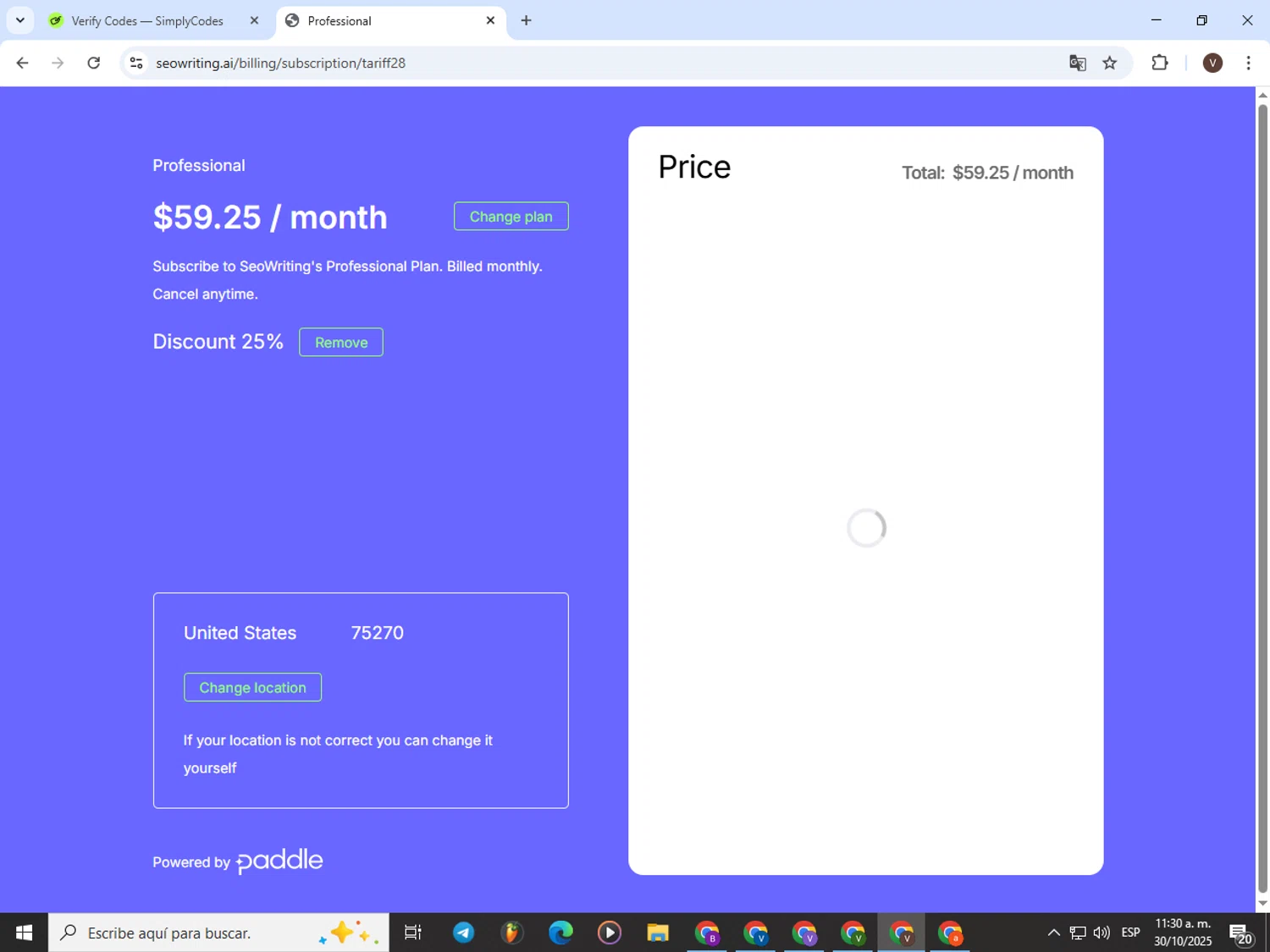 SEOWRITING AI discount code screenshot showing code joe52 applied at SEOWRITING AI checkout page. Uploaded by SimplyCodes community member CashLion3448 on Oct 30, 2025