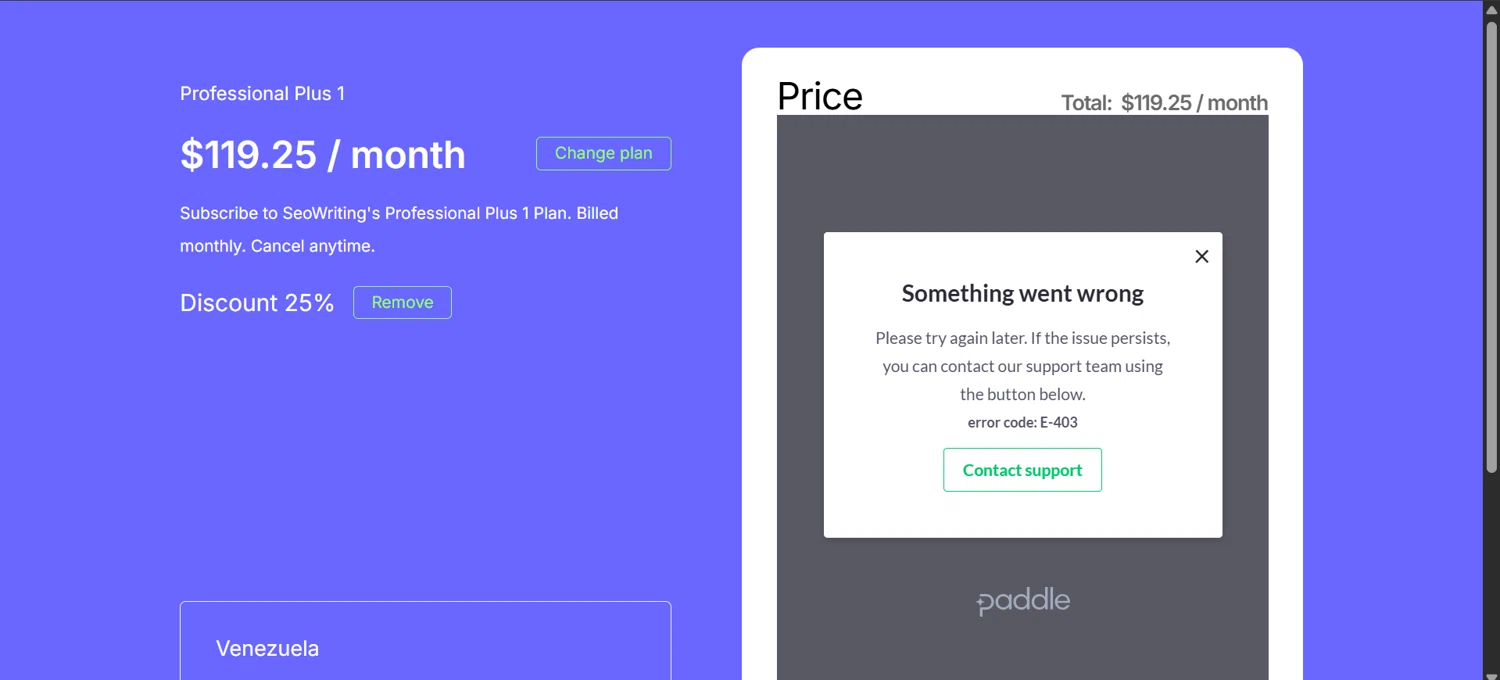SEOWRITING AI discount code screenshot showing code joe52 applied at SEOWRITING AI checkout page. Uploaded by SimplyCodes community member Sebastiangil on Nov 28, 2025