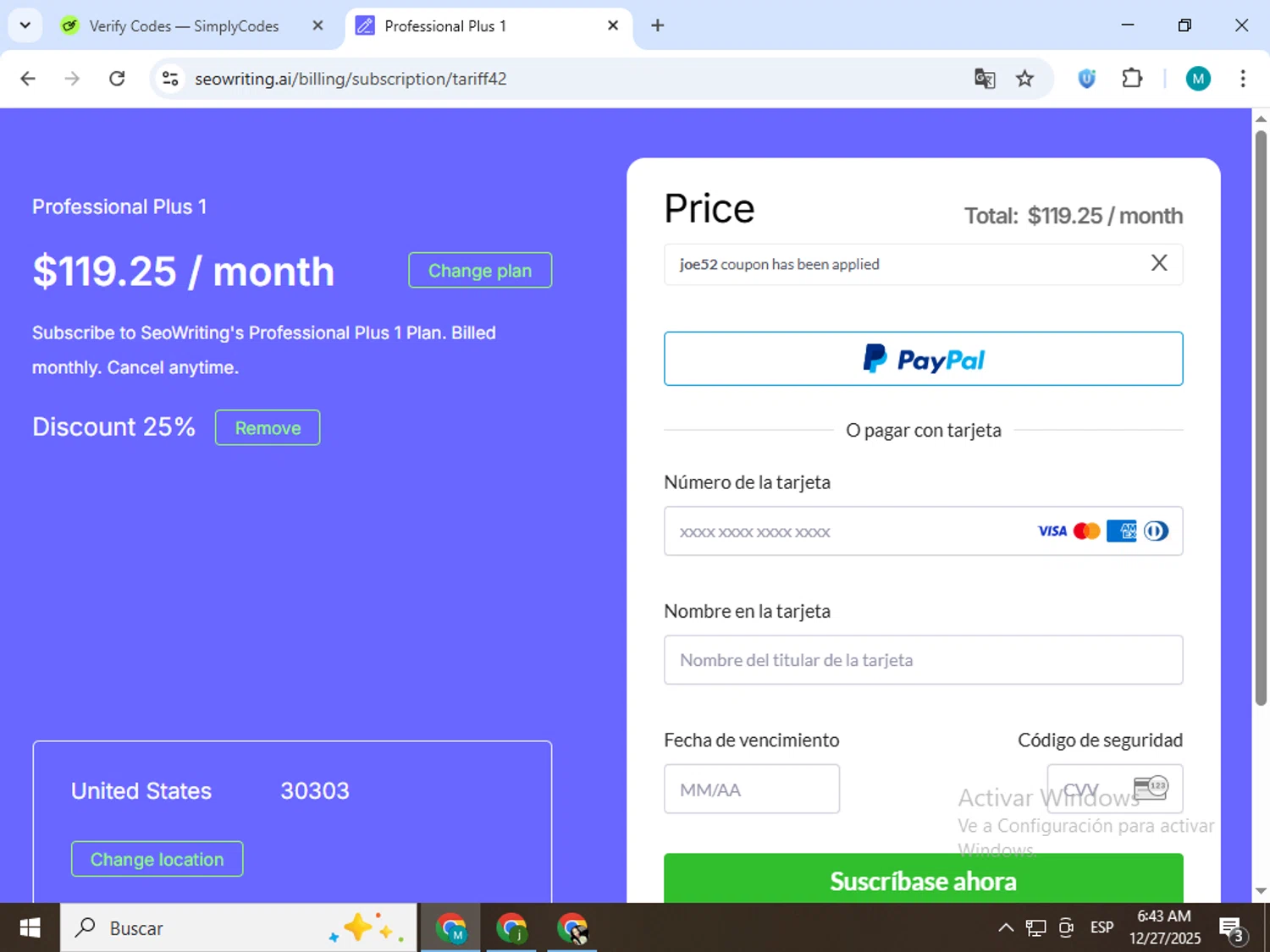 SEOWRITING AI discount code screenshot showing code joe52 applied at SEOWRITING AI checkout page. Uploaded by SimplyCodes community member estrellaveloz on Dec 27, 2025