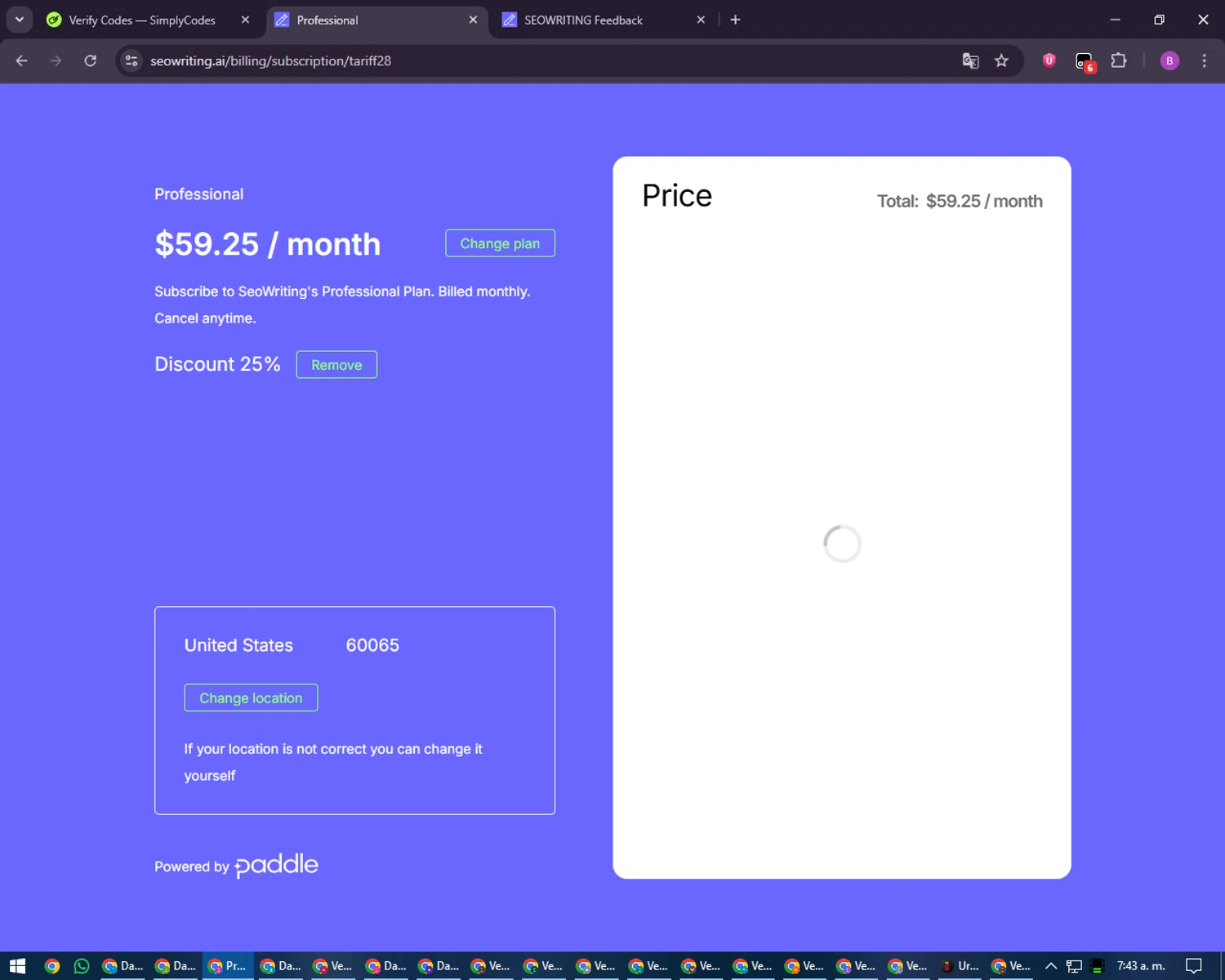 SEOWRITING AI checkout page showing SEOWRITING AI discount code box | Screenshot taken by SimplyCodes community member on Jan 25, 2026