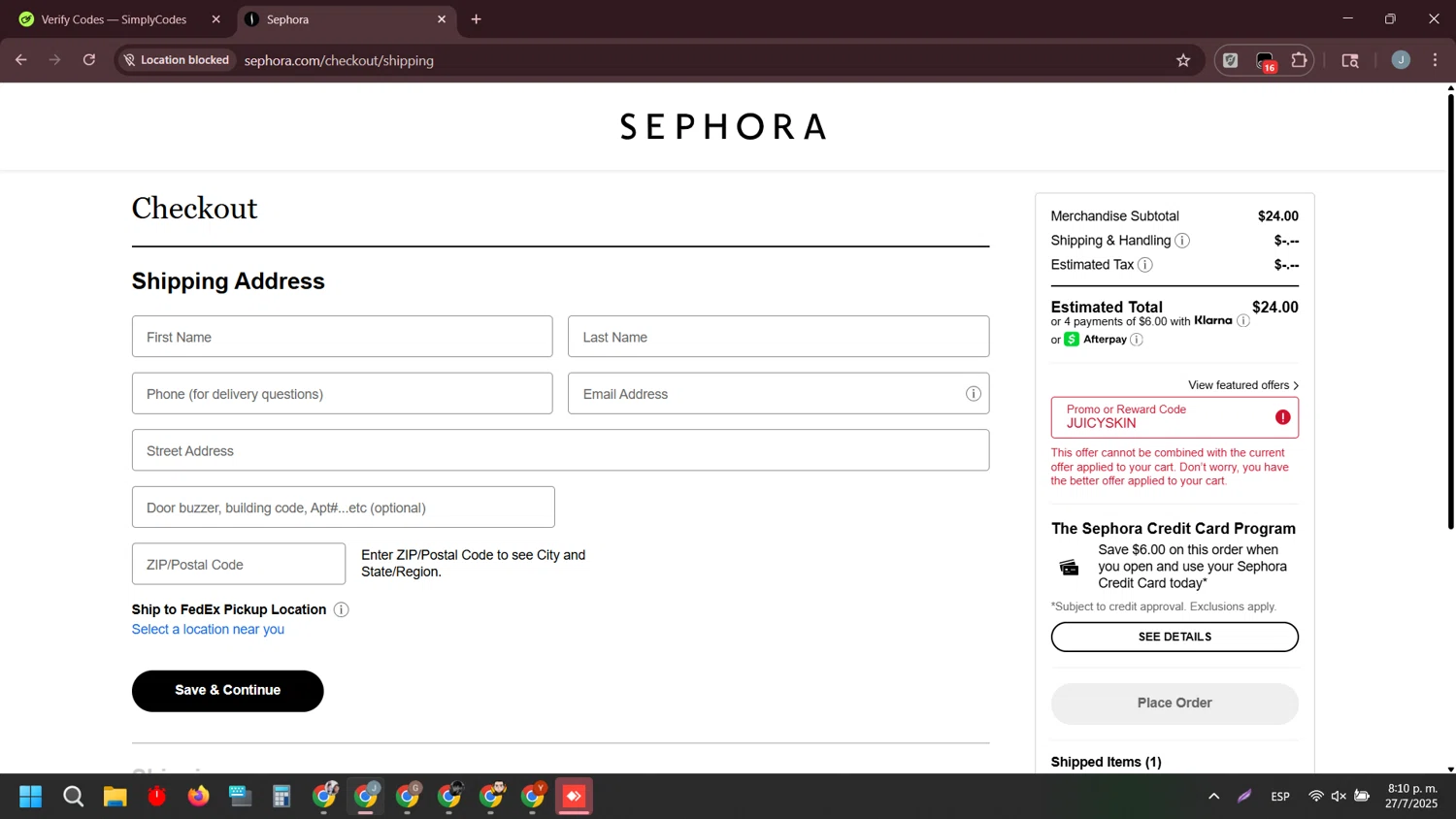 Sephora promo code screenshot showing code JUICYSKIN applied at Sephora checkout page. Uploaded by SimplyCodes community member MarkGrayson on Jul 28, 2025