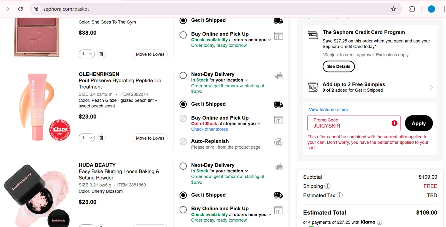 Sephora promo code screenshot showing code JUICYSKIN applied at Sephora checkout page. Uploaded by SimplyCodes community member ShieldGuardian6801 on Jul 27, 2025