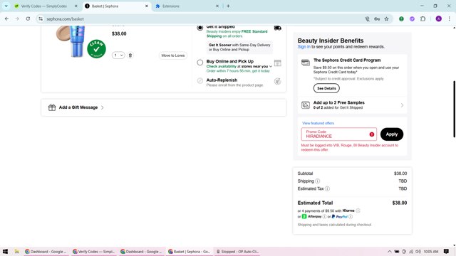 Sephora checkout page showing Sephora promo code box | Screenshot taken by SimplyCodes community member on Aug 20, 2025