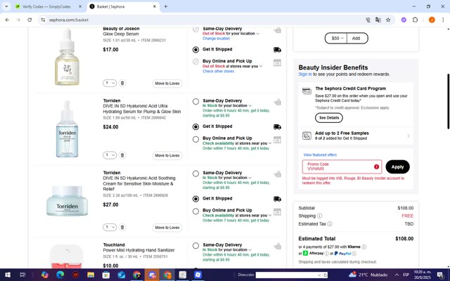 Sephora checkout page showing Sephora promo code box | Screenshot taken by SimplyCodes community member on Aug 20, 2025