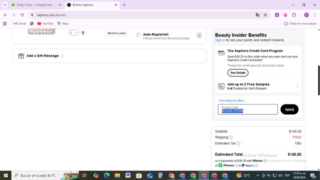 Sephora checkout page showing Sephora promo code box | Screenshot taken by SimplyCodes community member on Aug 20, 2025