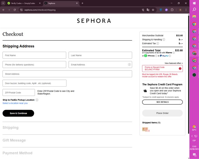 Sephora checkout page showing Sephora promo code box | Screenshot taken by SimplyCodes community member on Aug 20, 2025