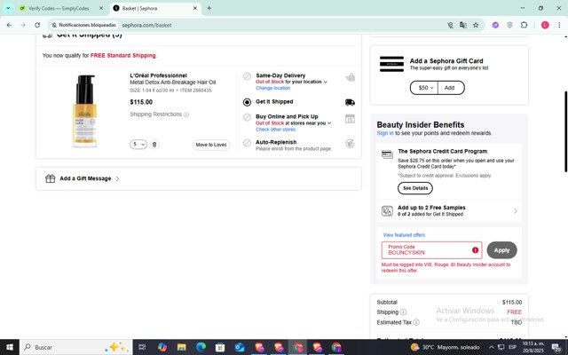 Sephora checkout page showing Sephora promo code box | Screenshot taken by SimplyCodes community member on Aug 20, 2025