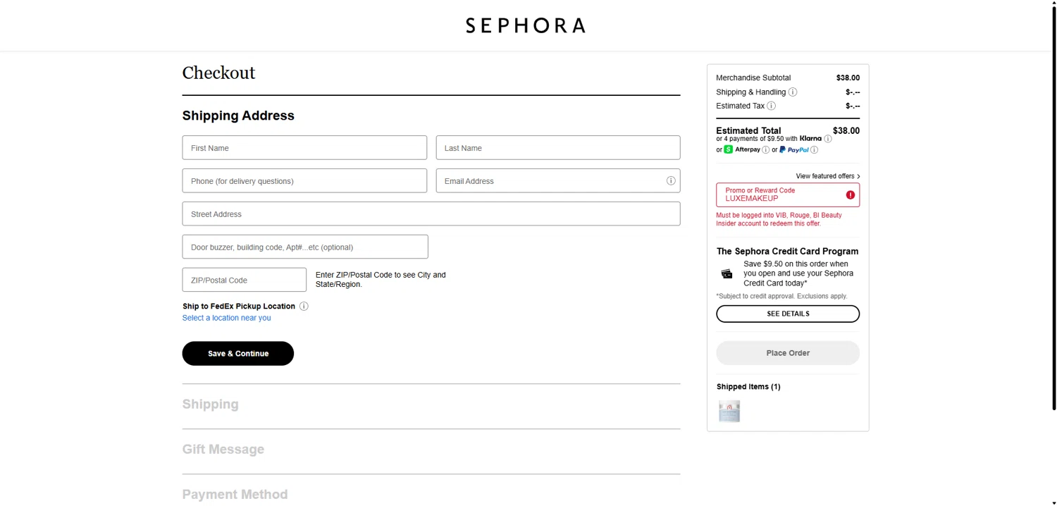 Sephora promo code screenshot showing code LUXEMAKEUP applied at Sephora checkout page. Uploaded by SimplyCodes community member FrugalPhoenix2446 on Aug 25, 2025