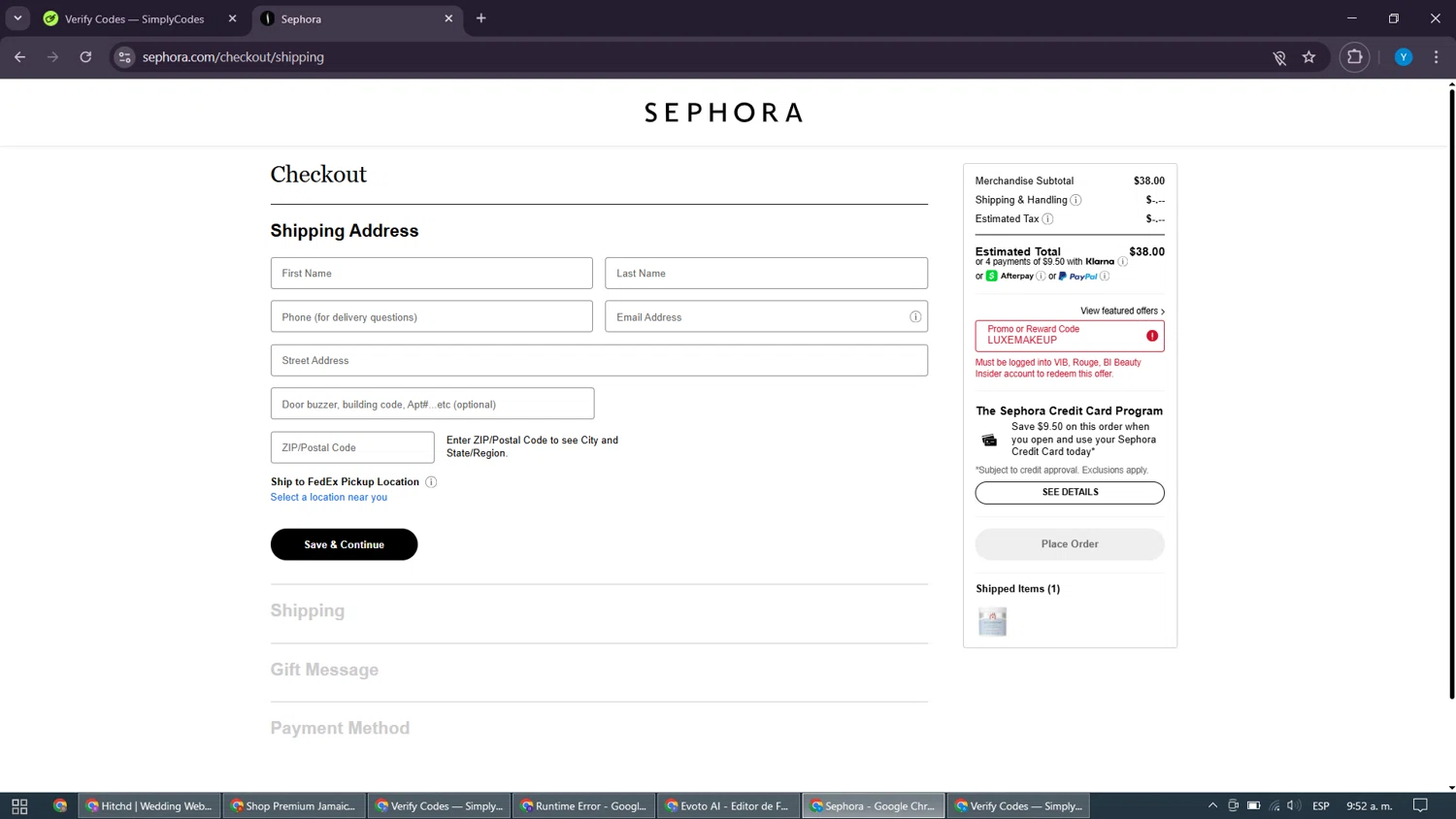 Sephora promo code screenshot showing code LUXEMAKEUP applied at Sephora checkout page. Uploaded by SimplyCodes community member Motorboot on Aug 25, 2025