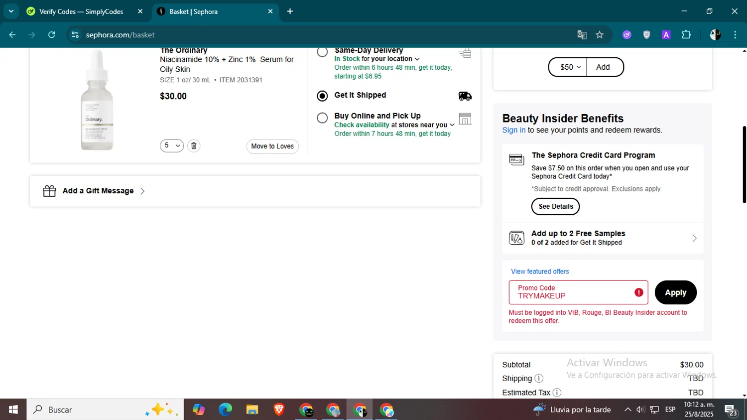 Sephora promo code screenshot showing code TRYMAKEUP applied at Sephora checkout page. Uploaded by SimplyCodes community member CleverSage9163 on Aug 25, 2025