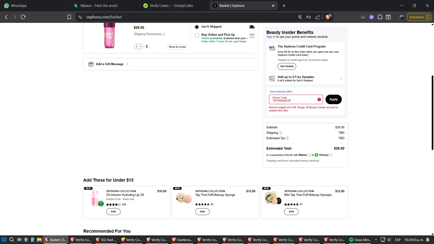 Sephora promo code screenshot showing code TRYMAKEUP applied at Sephora checkout page. Uploaded by SimplyCodes community member SimplyGOAT on Aug 25, 2025
