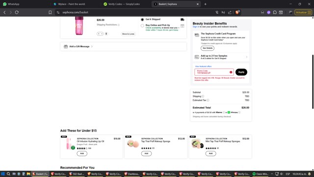 Sephora checkout page showing Sephora promo code box | Screenshot taken by SimplyCodes community member on Aug 25, 2025