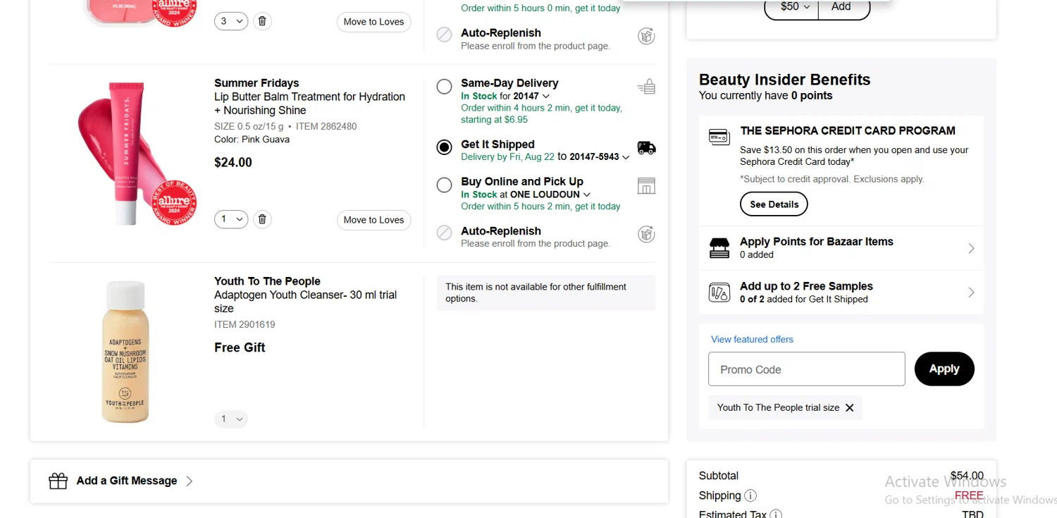 Sephora promo code screenshot showing code LOVEYTTP applied at Sephora checkout page. Uploaded by SimplyCodes community member Lioniel on Aug 20, 2025