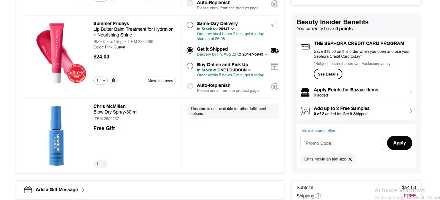 Sephora promo code screenshot showing code TRYBLOWDRY applied at Sephora checkout page. Uploaded by SimplyCodes community member Lioniel on Aug 20, 2025