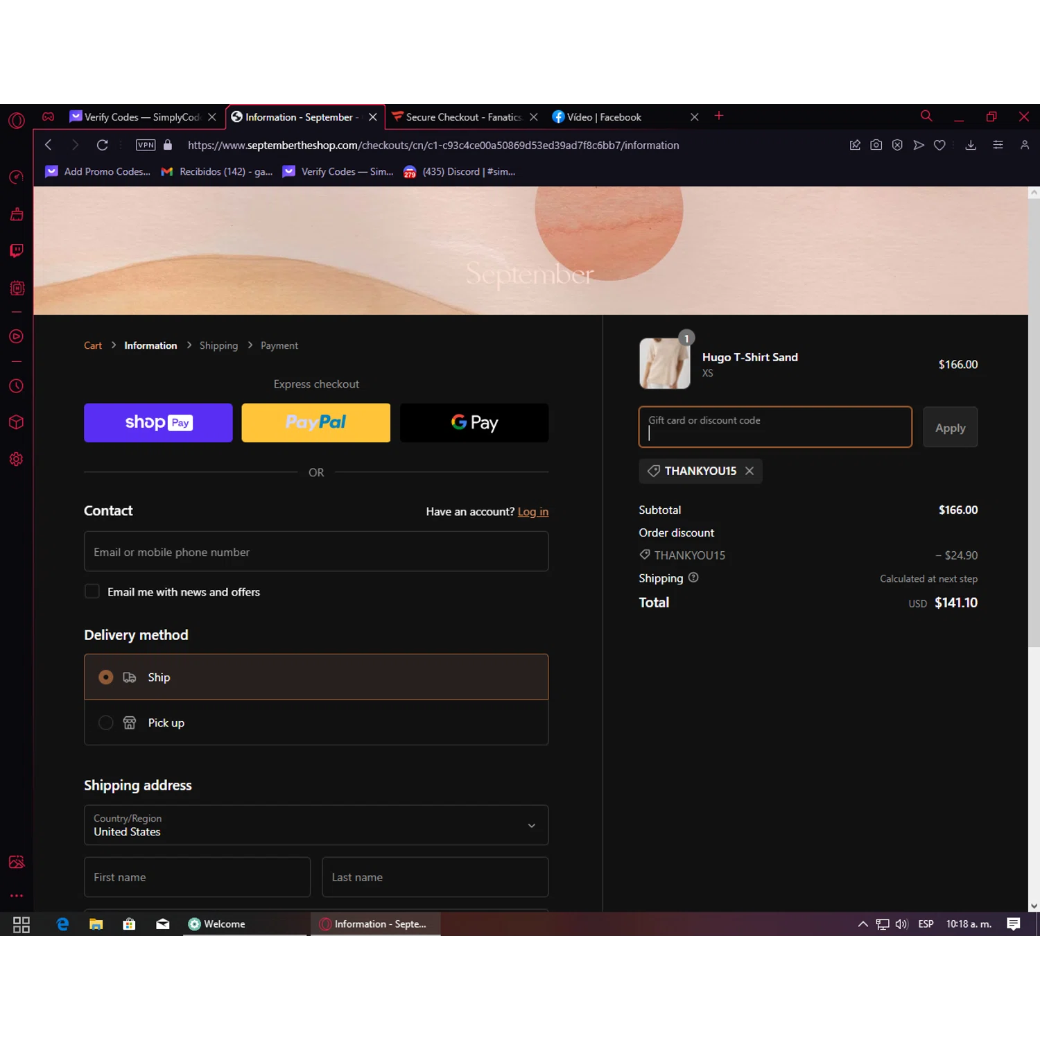 September The Shop checkout page showing September The Shop promo code box | Screenshot taken by SimplyCodes community member on Sep 9, 2023