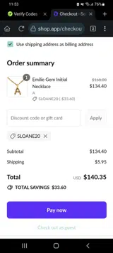 Sloane20 coupon verification screenshot