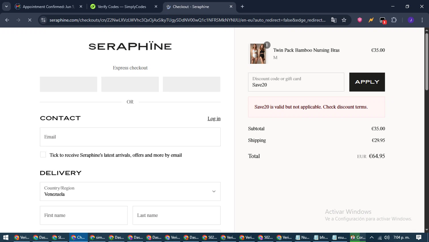Seraphine discount code screenshot showing code Save20 applied at Seraphine checkout page. Uploaded by SimplyCodes community member LegendaryLegend9872 on Jun 18, 2025