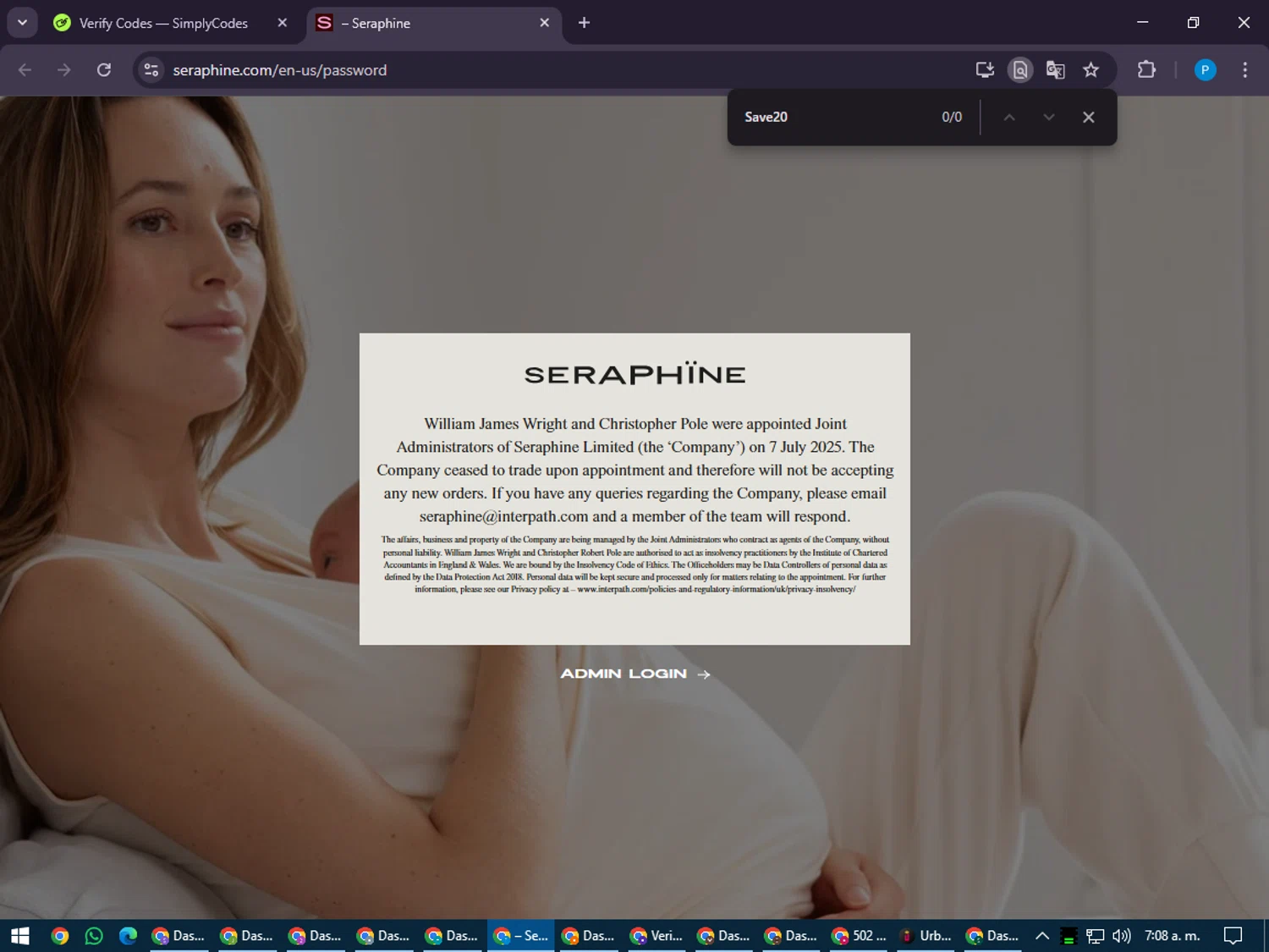 Seraphine discount code screenshot showing code Save20 applied at Seraphine checkout page. Uploaded by SimplyCodes community member juiceWRLD on Jul 16, 2025