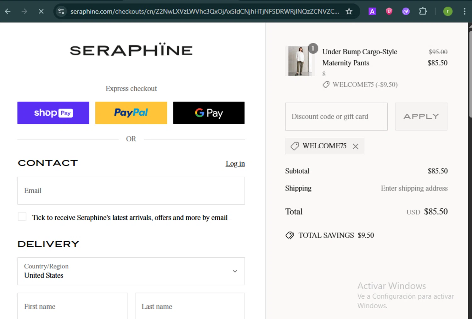 Seraphine discount code screenshot showing code WELCOME75 applied at Seraphine checkout page. Uploaded by SimplyCodes community member BonusShopper7805 on May 28, 2025