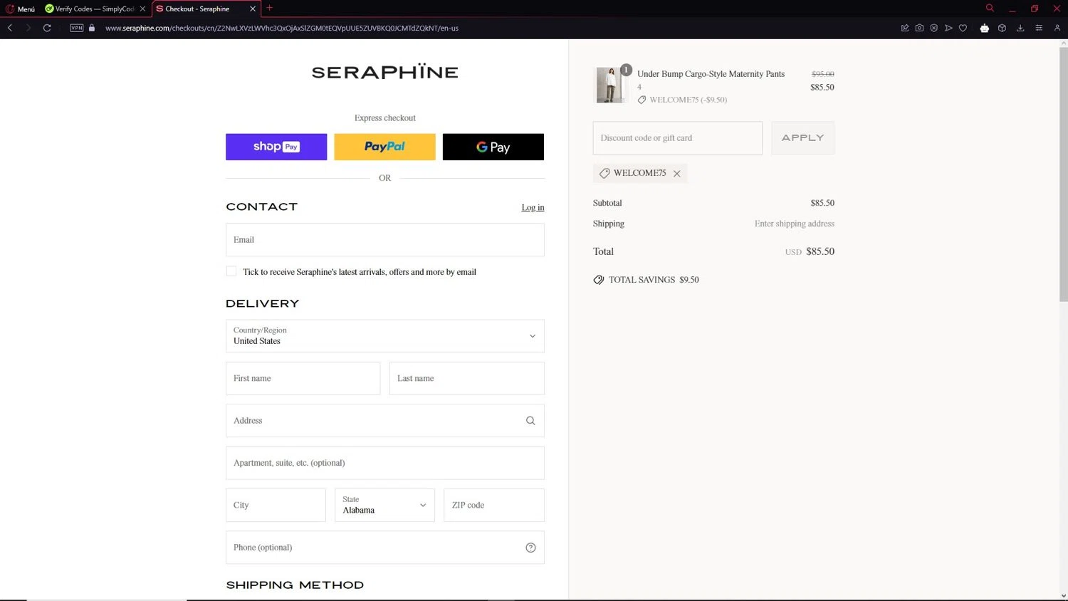 Seraphine discount code screenshot showing code WELCOME75 applied at Seraphine checkout page. Uploaded by SimplyCodes community member CleverAdmiral2537 on May 17, 2025