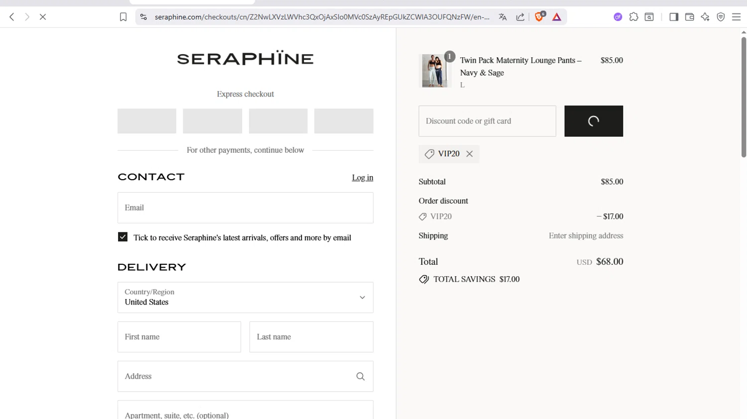 Seraphine discount code screenshot showing code VIP20 applied at Seraphine checkout page. Uploaded by SimplyCodes community member crischidy25 on Jul 1, 2025
